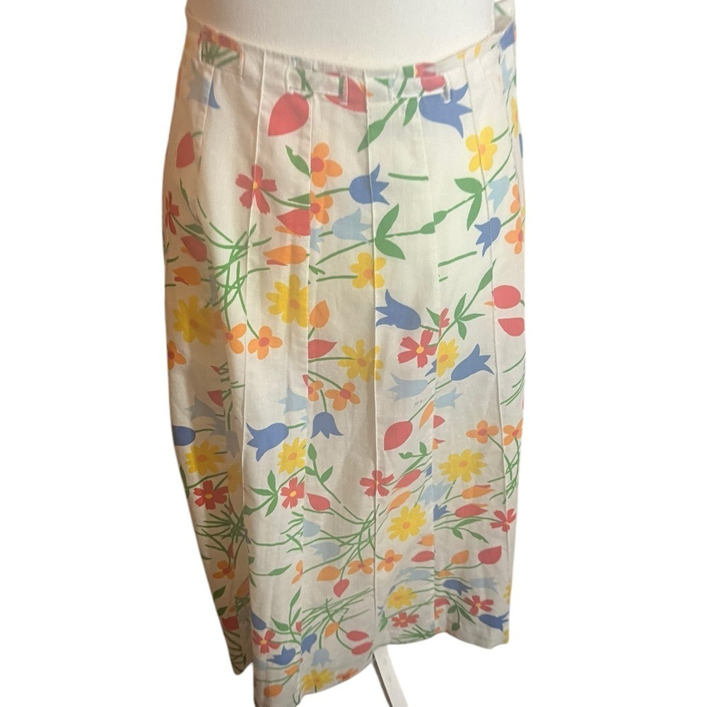 Vintage midi skirt bright spring tulips flowers button up front tie waist M/L